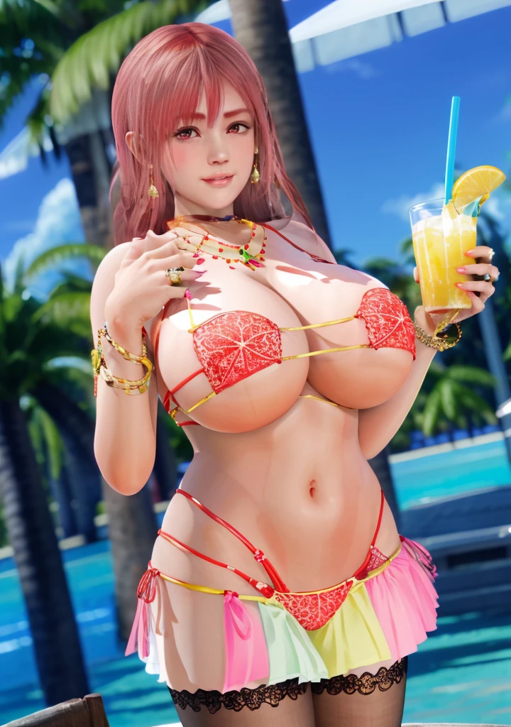 Honoka, Colorful bikini ,Super short pleated skirt, bracelet,ring, university student,Pink Hair,Huge breasts,Cleavage,Low-cut,miniskirt,pantyhose,cute,necklace,earrings,beach,drinks,lemon,Sunset,Lace,shy,Ice cream,orange juice,Tree,fruit,Red lips