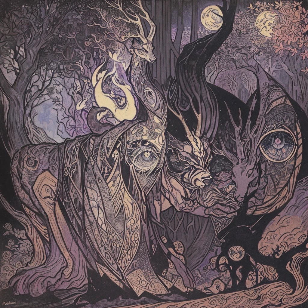 (scratch art style), (Arthur Rackham:1.3), (Paul Signac:1.4), (virgin forest:1.5), (Shinto:1.2), (eerie:1.2), (Giant Deer God:1.3), (three eyes:1.6), (smoke:1.2), roar, fearless smile, tattoo, swell, moss-covered, Flock of birds, moon, (perfect anatomy:1.3), ((master piece)), (ultra-detailed:1.2), (detailed light)
