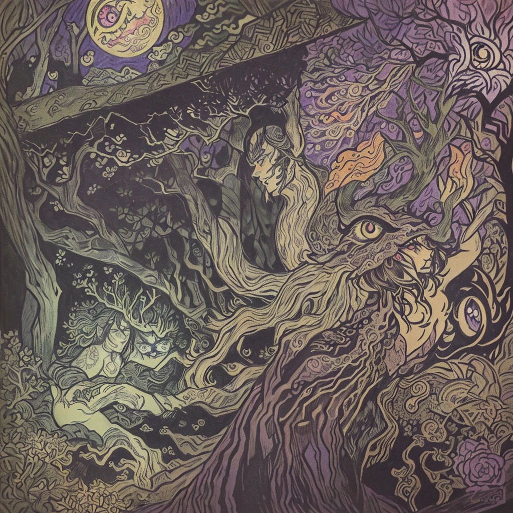 (scratch art style), (Arthur Rackham:1.3), (Paul Signac:1.4), (virgin forest:1.5), (Shinto:1.2), (eerie:1.2), (Giant Deer God:1.3), (three eyes:1.6), (smoke:1.2), roar, fearless smile, tattoo, swell, moss-covered, Flock of birds, moon, (perfect ???????:1.3), ((master piece)), (ultra-detailed:1.2), (detailed light)