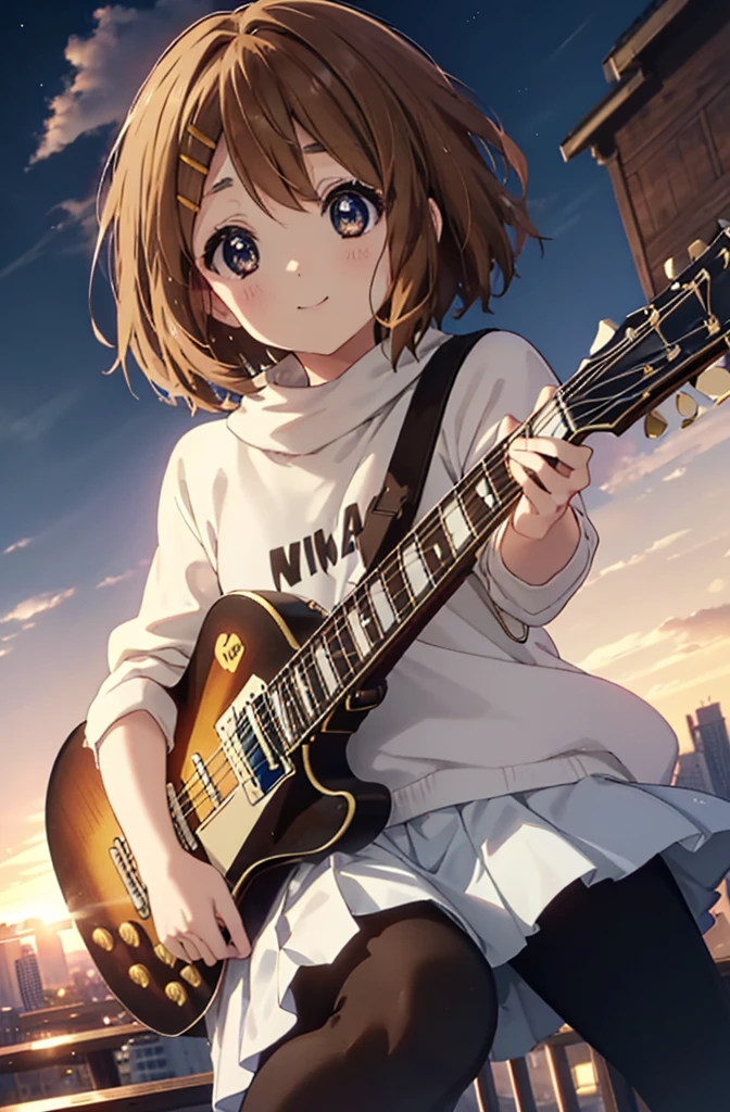 yuihirasawa, Yui Hirasawa, short hair, Brown Hair, hair ornaments, (Brown eyes:1.5),blush,smile,white oversized sweater,Black pleated skirt,White Pantyhose,short boots,Hair Clip,guitar(Gibson　Les Paul)Flip、smile、Overlooking the city from the top of the hill、Beautiful sunset、the wind is strong、whole bodyがイラストに入るように,
break otdoors, 丘
break looking at viewer, whole body、
break (masterpiece:1.2), Highest quality, High resolution, unity 8k wallpaper, (shape:0.8), (Beautiful and beautiful eyes:1.6), Highly detailed face, Perfect lighting, Highly detailed CG, (Perfect hands, Perfect Anatomy),