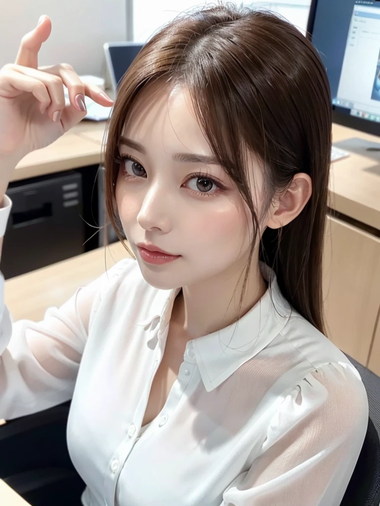 elegant office lady, office,beautiful detailed eyes, beautiful detailed lips, extremely detailed eyes and face, long eyelashes, slender body, thin face, delicate features, flawless porcelain skin, glistening sweat, ultra-thin hands, ultra-fine fingers, best ratio four finger and one thumb, realistic, see-through white blouse, office setting, one-person viewpoint, Fuji Film, F/1.2, 8K, masterpiece, nffsw, super detail, high quality, best quality, high resolution, looking up at the camera