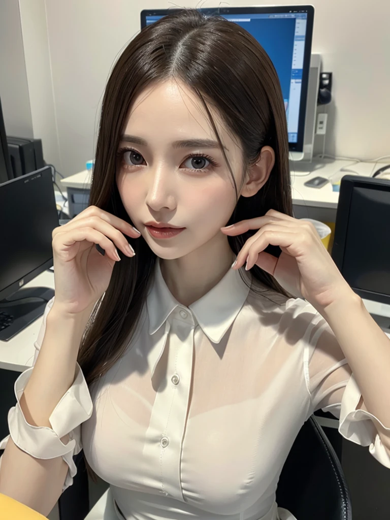 elegant office lady, office，beautiful detailed eyes, beautiful detailed lips, extremely detailed eyes and face, long eyelashes, slender body, thin face, delicate features, flawless porcelain skin, glistening sweat, ultra-thin hands, ultra-fine fingers, best ratio four finger and one thumb, realistic, see-through white blouse, office setting, one-person viewpoint, Fuji Film, F/1.2, 8K, masterpiece, nffsw, super detail, high quality, best quality, high resolution, looking up at the camera