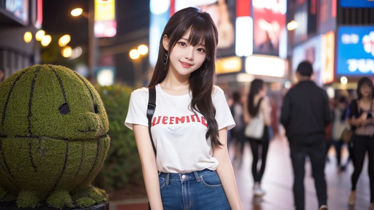 (masterpiece:1.2,Highest quality),Blur the background,1 female college student,((Cute casual clothes)),((Sculpture Pose)),((Beautiful Eyes)),Blushed,Healthy Skin,(smile),(Date in Shinjuku),8K resolution