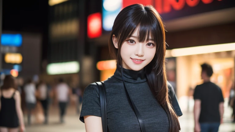 (masterpiece:1.2,Highest quality),Blur the background,1 female college student,((Cute casual clothes)),((Sculpture Pose)),((Beautiful Eyes)),Blushed,Healthy Skin,(smile),(Date in Shinjuku),8K resolution