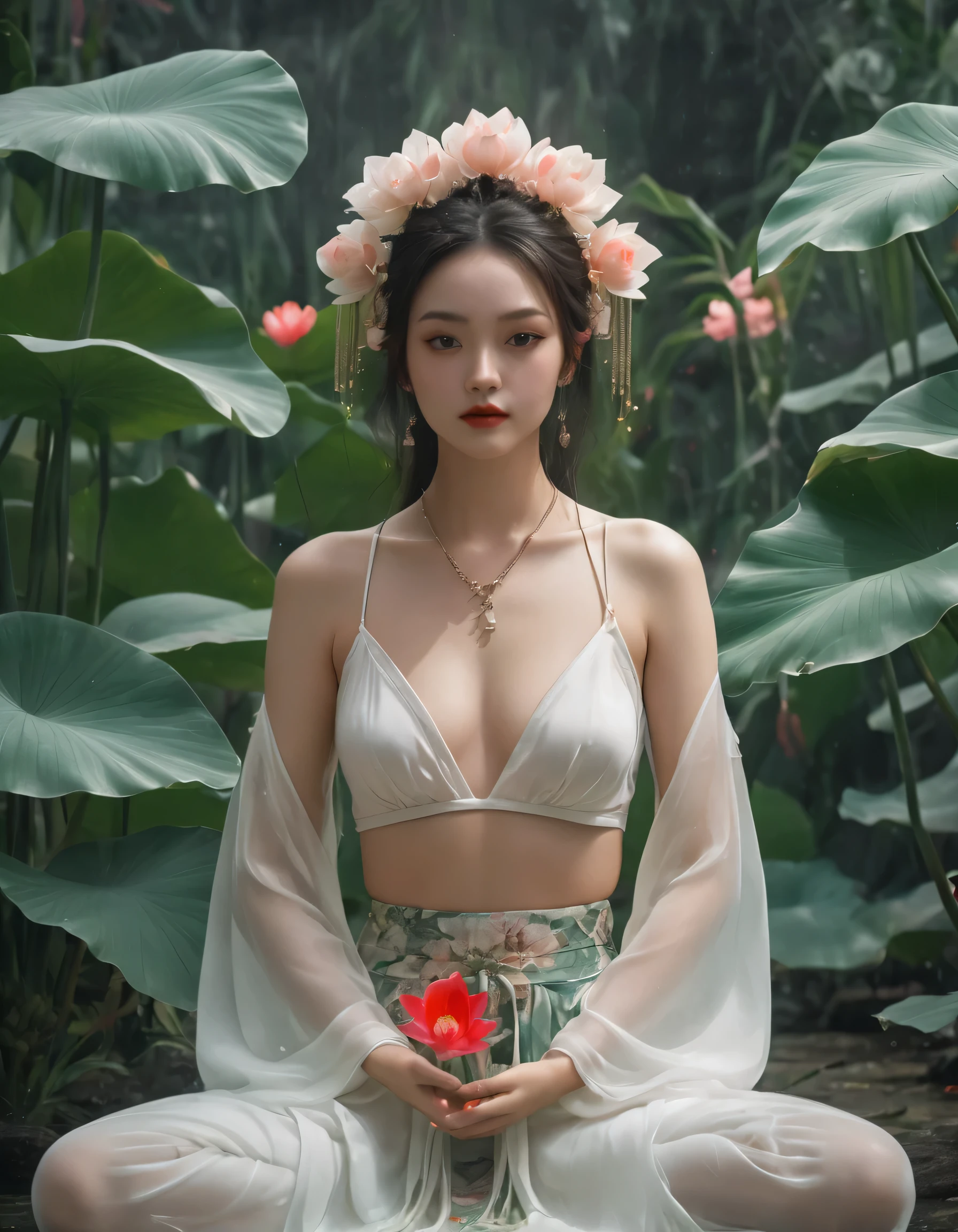 Full-body photo of a courtesan in lotus position，Praying with palms together、Anatomically correct,born, Cinematic shots, (Sharp focus:1.5), (Realistic:1.4), dusk lighting, (Look this way）、（Front facing）、((Less exposed skin)),Volumetric lighting, Ultra-high resolution, 16K,Dramatic lighting, Abstract background：1.5）（Tangleた，Datura stramonium，Holding a heart light in your hand、Tangle，Intertwined：0.7）witch，((Red kimono)), Foxfire spells, conversion, Depth of written boundary, A fantastic atmosphere, The most beautiful form of chaos, Elegance, Fauvist Design Dark Theme, flowers of death, flowers of ecstasy，Glowing Lines,Glow Example，Tracking example，flash， Backlight，translucent，Particles of light,hill，exit