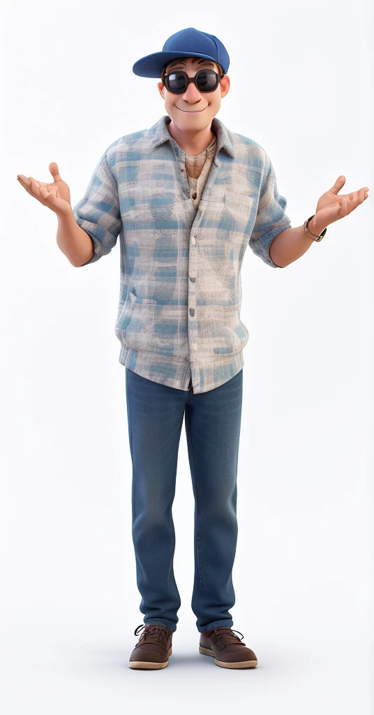a man with sunglasses and a cap sit on a chair holding a script in pixar style
