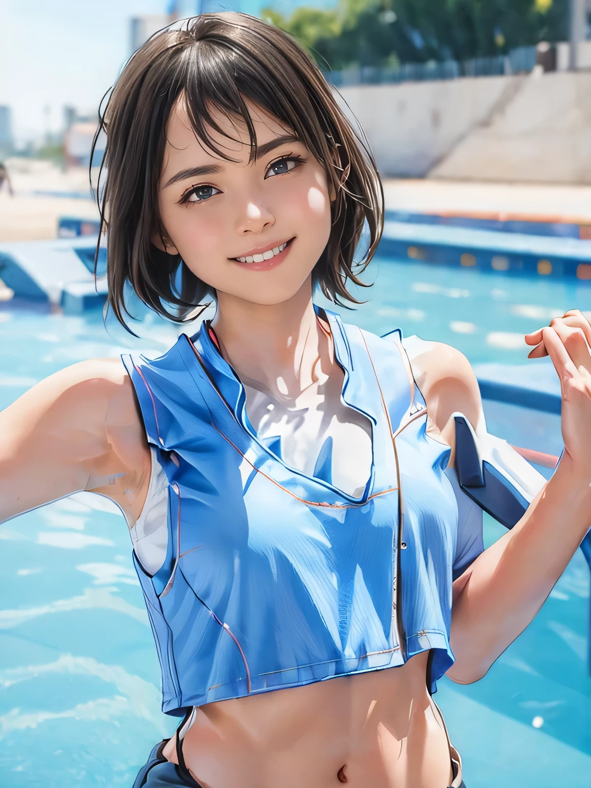 1girl, woman, 25 years old woman, beautiful, medium breasts, flirtatious look, ((very detailed)), (perfectly detailed face), looking at viewer:1.8, (1girl eyes looking at viewer:1.55), Upper body, Simple Background, Emphasis on the chest, Hands behind the body, hands behind head, smile, photorealistic image, high res, girl in summer clothes, ((tanktop jersey:1.78)), camisole, Plain costumes, White outfit, photorealistic, (bokeh), best quality, 8k, UHD, UHD
