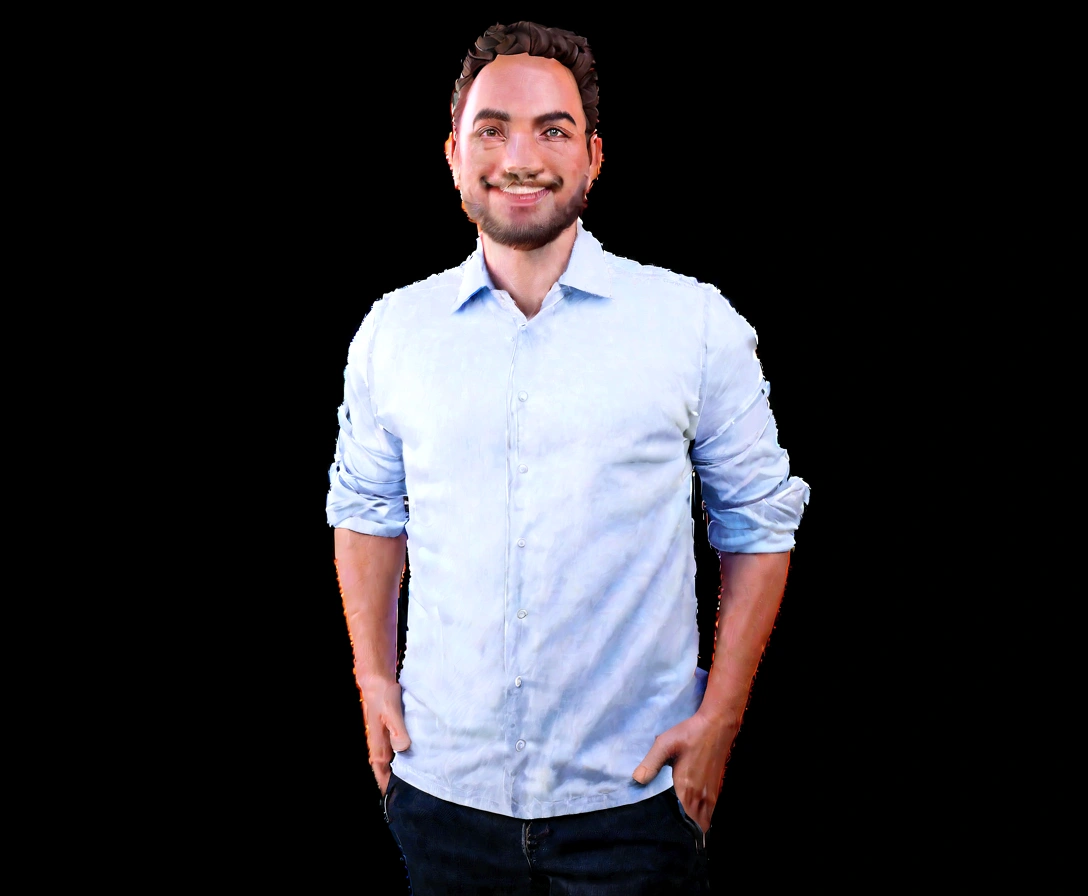 Illustration of smiling man, insane smile, brown skin man with a giant grin, smiling happily at the camera, cheeky smile, he is smiling, very huge smile, smiling male, headshot profile picture, laughing huge smile, drawing in 3D Art style, C4D, pure white color background, Disney  style, pixar style render illustration Super Detail, 8K