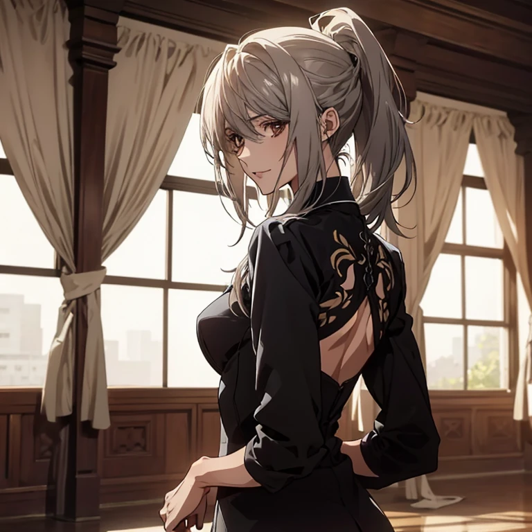 (Confused, High resolution, Very detailed), 1 female, Silver Hair,Long Hair,Reddish brown eyes,Dark suit,secretary,Low Ponytail,24th generation,Beautiful woman,mature,thin,quiet,Calm,Small breasts,A small smile,Reception room,