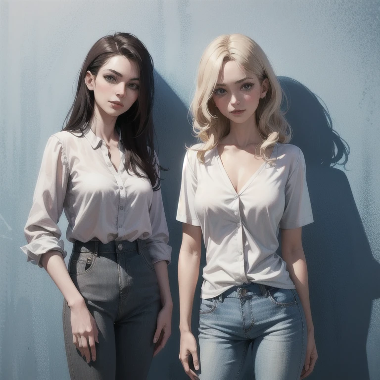 arafed woman in a white shirt and grey pants standing in front of a blue wall, kirsi salonen, magdalena andersson, wearing a blouse, magdalena radziej, wearing a white blouse, moleksandra shchaslyva, niele toroni, photo of džesika devic, serena malyon