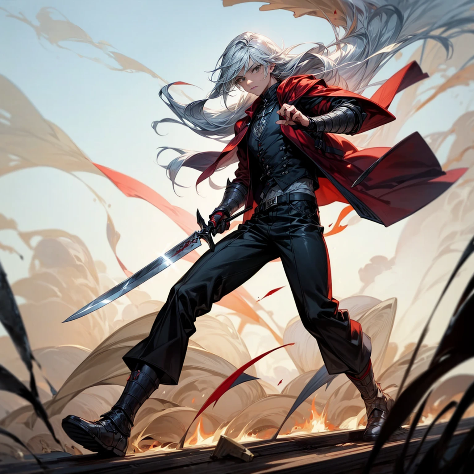 1boy, Full body version, 1character, black eyes color, milk skin, long hairstyle, monolod eyes type, silver colour hair, muscle, Assassin clothing style, red color clothing, black pants, white scraf, Ancient roman boots, vest armors, dagger knife in hand, Grassroots background in field villager, motion blur, battle gesture, lighting morning, sunlight, smoke, plasma, bloody background, fire, lighting knife 