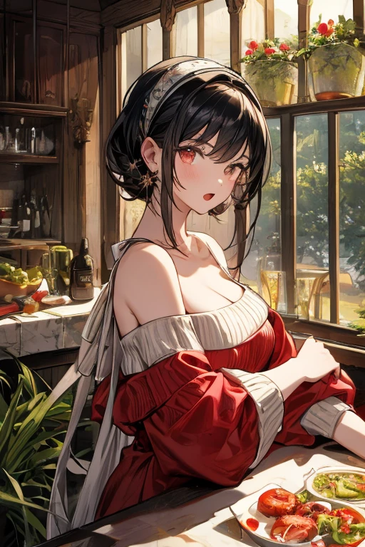 masterpiece, yor, 1girl, Bust A Cup, Amazing Cleavage:1.3, thin waist, big ass, Raised sexy, big breast: 1.2 posed cleavage:1.2、solo, looking at viewer, open mouth, have a cute grass of cute beergrass,black hair, red eyes, dress, bare shoulders, jewelry, collarbone, sidelocks, hairband, earrings, indoors, off shoulder, :o, sweater, arms behind back, plant, short hair with long locks, white hairband, off-shoulder dress, sweater dress, off-shoulder sweater, red sweater, big side hair, very long side hair,is rendered in (masterpiece: 1.2, best quality), with (ultra high resolution) and an exquisite (depth of field). This masterpiece is not only visually stunning but also tells,A scene of cooking in the kitchen
