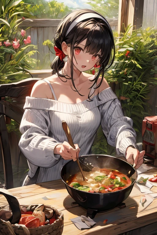 masterpiece, yor, 1girl, Bust A Cup, Amazing Cleavage:1.3, thin waist, big ass, Raised sexy, big breast: 1.2 posed cleavage:1.2、solo, looking at viewer, open mouth, have a cute grass of cute beergrass,black hair, red eyes, dress, bare shoulders, jewelry, collarbone, sidelocks, hairband, earrings, indoors, off shoulder, :o, sweater, arms behind back, plant, short hair with long locks, white hairband, off-shoulder dress, sweater dress, off-shoulder sweater, red sweater, big side hair, very long side hair,is rendered in (masterpiece: 1.2, best quality), with (ultra high resolution) and an exquisite (depth of field). This masterpiece is not only visually stunning but also tells,A scene of cooking in the kitchen
