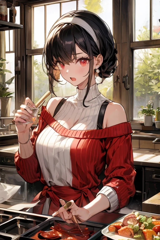 masterpiece, yor, 1girl, Bust A Cup, Amazing Cleavage:1.3, thin waist, big ass, Raised sexy, big breast: 1.2 posed cleavage:1.2、solo, looking at viewer, open mouth, have a cute grass of cute beergrass,black hair, red eyes, dress, bare shoulders, jewelry, collarbone, sidelocks, hairband, earrings, indoors, off shoulder, :o, sweater, arms behind back, plant, short hair with long locks, white hairband, off-shoulder dress, sweater dress, off-shoulder sweater, red sweater, big side hair, very long side hair,is rendered in (masterpiece: 1.2, best quality), with (ultra high resolution) and an exquisite (depth of field). This masterpiece is not only visually stunning but also tells,A scene of cooking in the kitchen