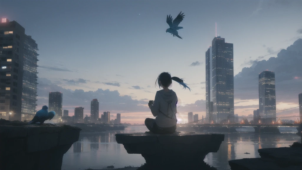 暗いnight空,Octane, star (null), scenery, Blue parakeet,The acoustic guitar is in front of the body.,star, night, One Girl, Back view, alone, Outdoor, city,river,Blue parakeet,building, cloud, 天のriver, Sitting,silhouette
