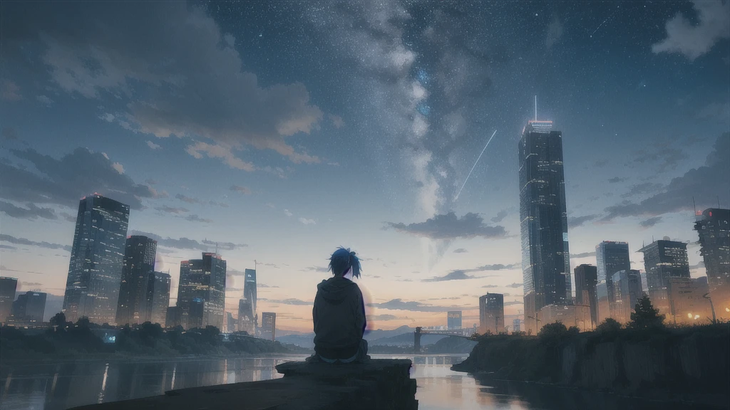 暗いnight空,Octane, star (null), scenery, Blue parakeet,The acoustic guitar is in front of the body.,star, night, One Girl, Back view, alone, Outdoor, city,river,Blue parakeet,building, cloud, 天のriver, Sitting,silhouette