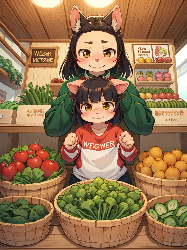 Pig Gorilla, Greengrocer, Kaoru Kumada , Welcome! , pop design , bold line , Fujiko Fujio style , troublemaker , Loved vegetables, and loved by vegetables , stuff one's cheeks