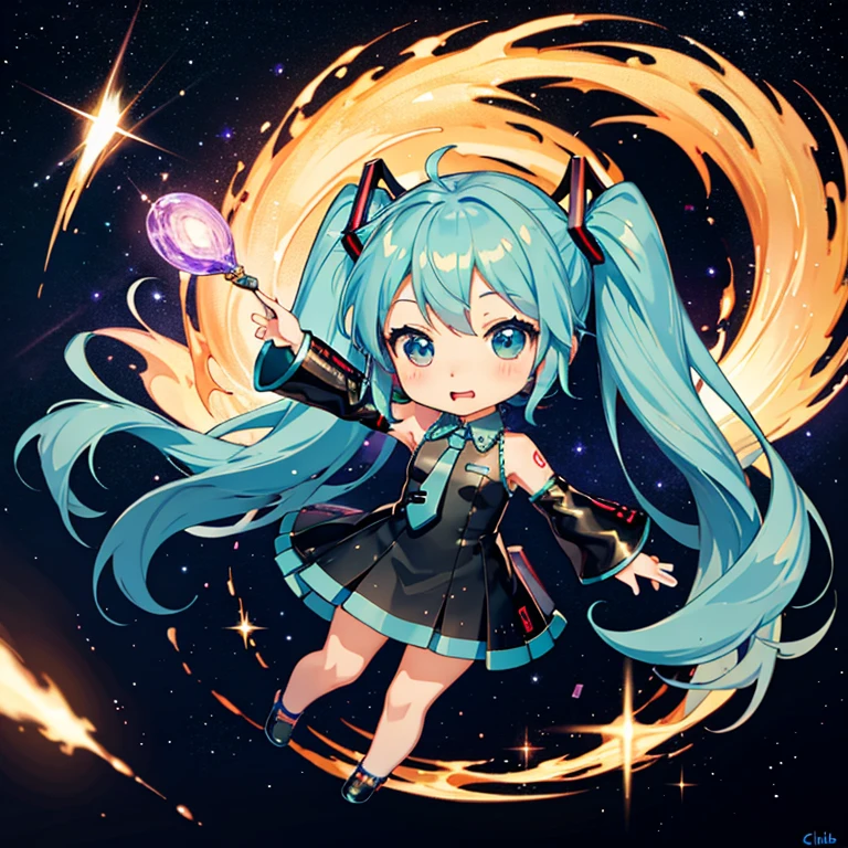 Night Sky, stardust, hatsune miku, (chibi:1.5), full body, (masterpiece), highest quality