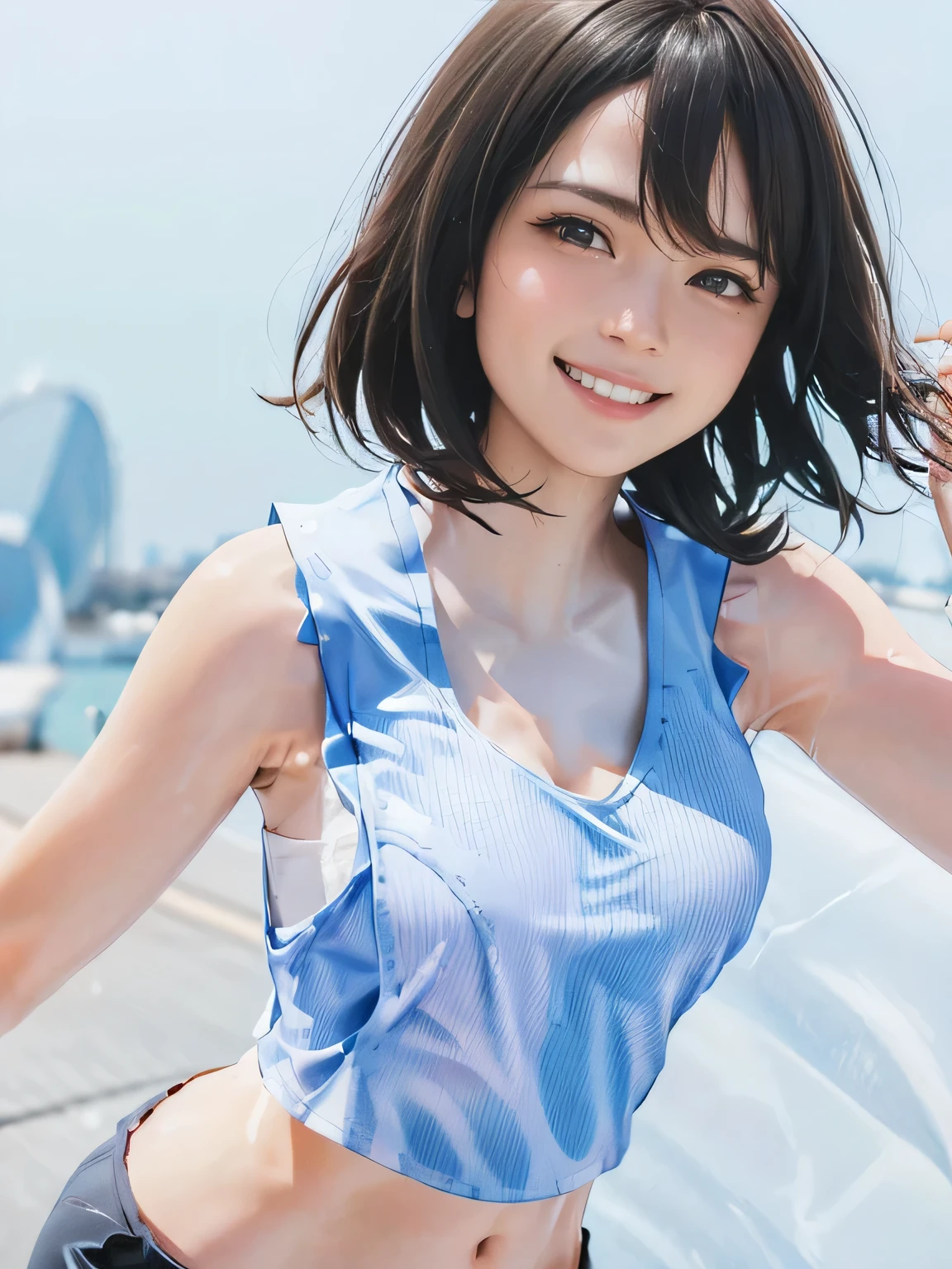 1girl, woman, 25 years old woman, beautiful, medium breasts, flirtatious look, ((very detailed)), (perfectly detailed face), looking at viewer:1.8, (1girl eyes looking at viewer:1.55), Upper body, Simple Background, Emphasis on the chest, Hands behind the body, hands behind head, smile, photorealistic image, high res, girl in summer clothes, ((tanktop jersey:1.78)), camisole, Plain costumes, White outfit, photorealistic, (bokeh), best quality, 8k, UHD, UHD