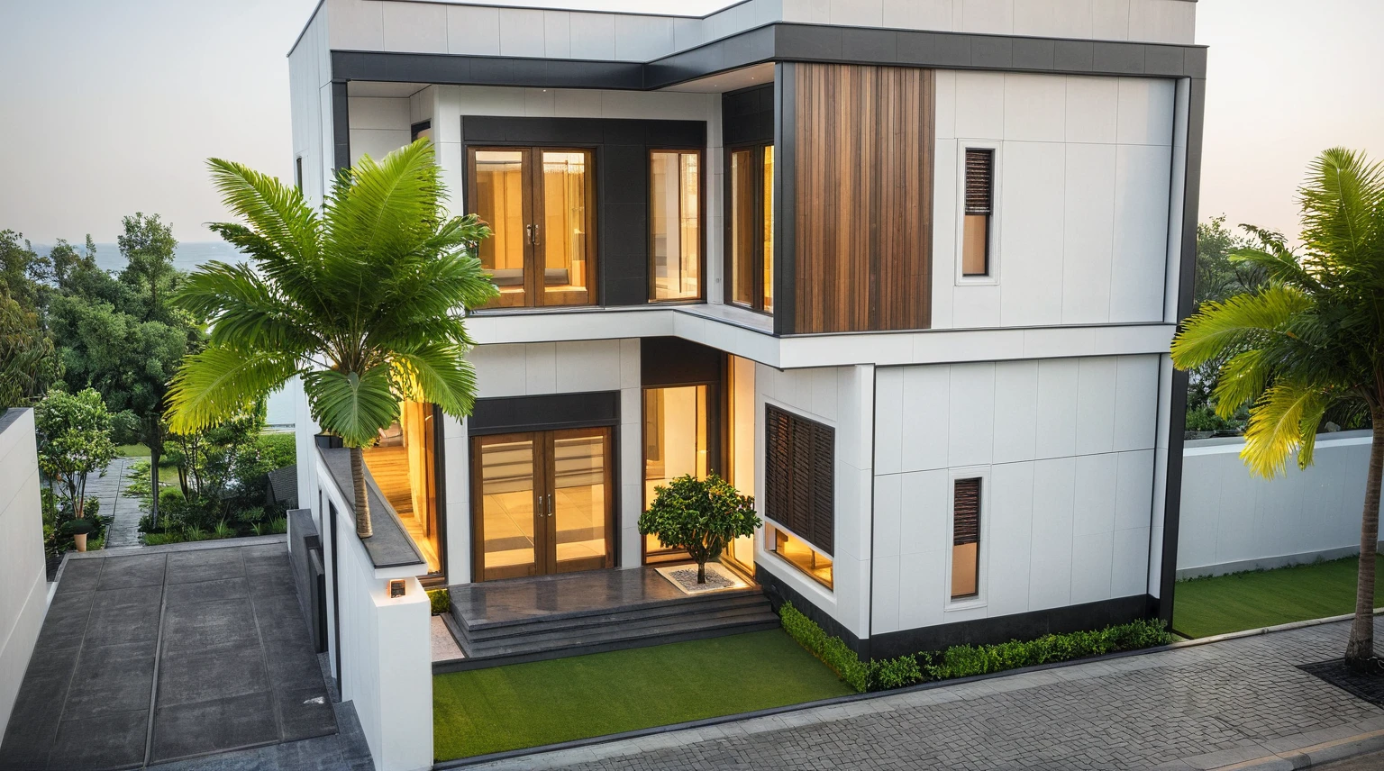 modern villa on street, (daylight), tropical tree, vivid colour, streetcapes, white tone, white wall, large glass door, warm interior lighting, wood and marble, best quality, 17ArchiAI_XL_VL-v1