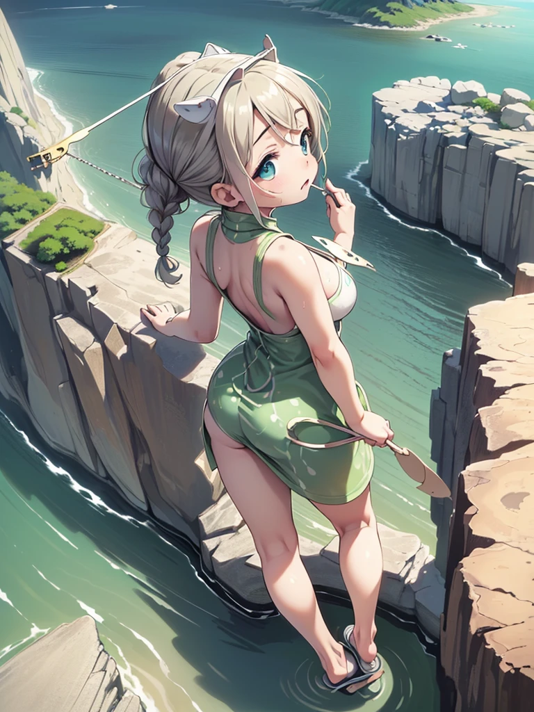 Highest quality, masterpiece, Ultra-high resolution, (Realistic:1.4), RAW Photos, Intricate details, Big beautiful eyes, Perfect contours, masterpiece, One Girl, ((Junior high school student)), Braided Bob, (aerial view:2), (perky breasts:1.5, high breasts:1.5), (curvy waist:1.5), Competitive swimmer, (one piece:1.5, turtleneck,Sleeveless swimsuit, Sandals), Clear metallic green swimsuit:1.5, tight high leg swimsuit:1.4, ((shoot from behind:2, looking away:2)), Portraiture, ((Standing on the edge of a cliff:1.5, Hesitant to jump:1.5, Incredibly high sheer cliffs:1.5, Stand at the highest point overlooking the surrounding area, peer down the cliff:1.5)), (Anxious expression、His mouth is twitching with fear), Wet Skin, (Underarm)