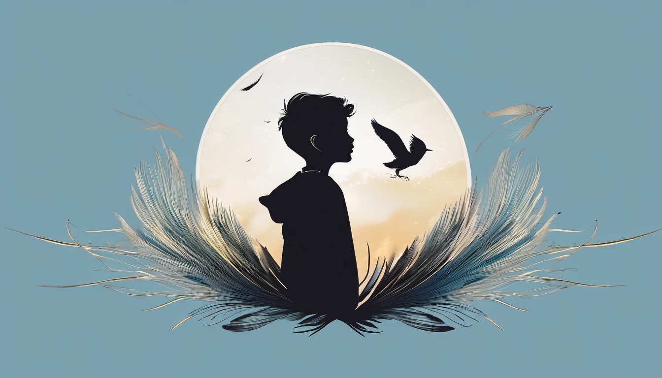 Create a professional, fantastic, cinematic dream-like Youtube Banner for a brand about music, stories, fantasy and dreams called " Penamemoria". Masterpiece, 4k, sharp focus, highest quality,wide shot. The title is " Penamemoria". Is a brand about the creative, unique journey of a boy into becoming a musician storyteller. In his journey he finds inspiration in a world of birds and feathers. Minimalistic, simple, poetic, dreamy logotype at the center of the image. The Background image is a world full of fantastic feathers, unique birds, light blue sky, soft white and light golden. Logo design of a face of a boy and a face of a feather