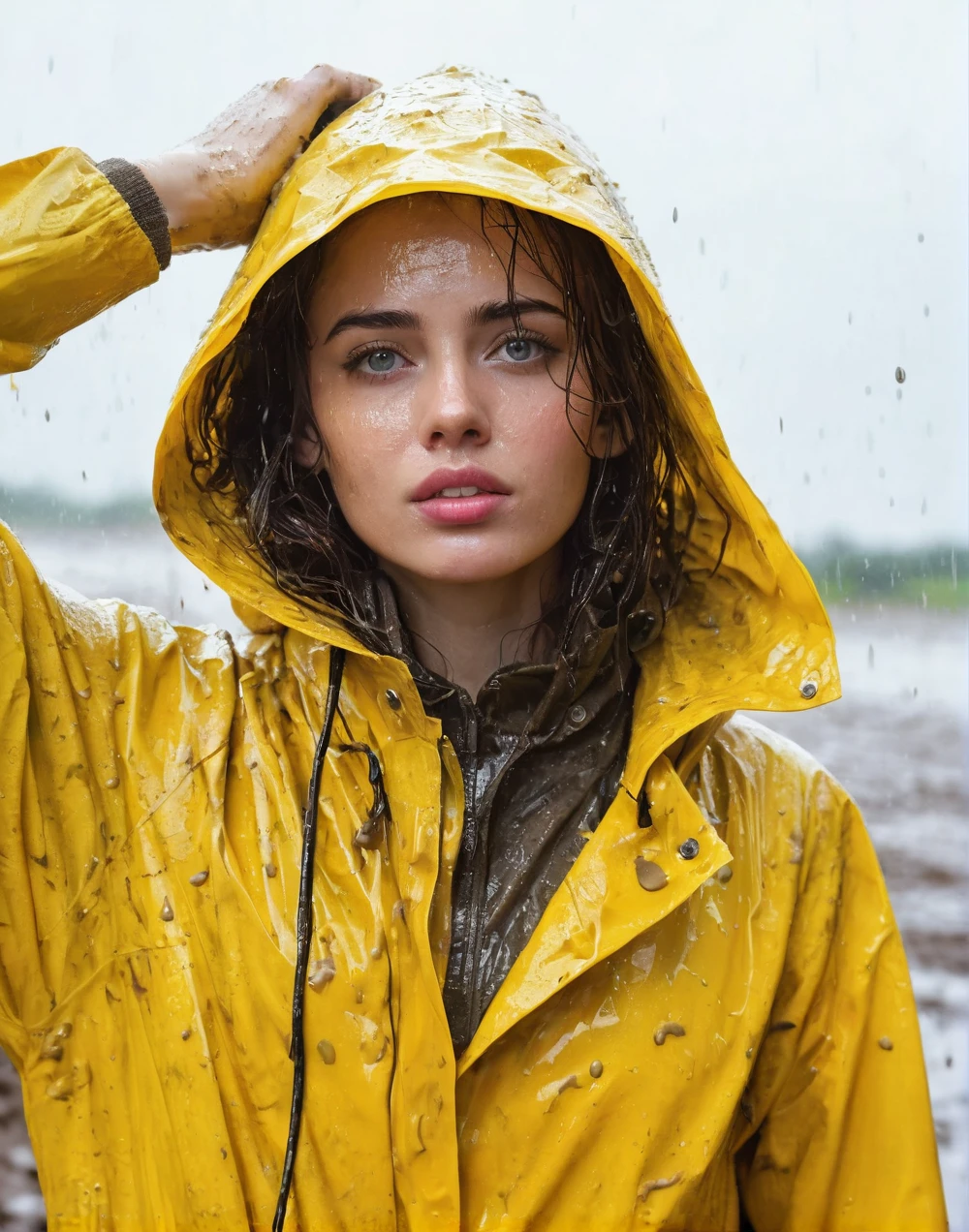 a young woman wearing a bright yellow shiny raincoat, ((((mud-stained and dirty raincoat)))), muddy clothes, beautiful detailed eyes, beautiful detailed lips, extremely detailed face, long eyelashes, outdoor rainy scene, puddles on the ground, intricate texture, photorealistic, 8k, high quality, masterpiece, professional, vivid colors, dramatic lighting