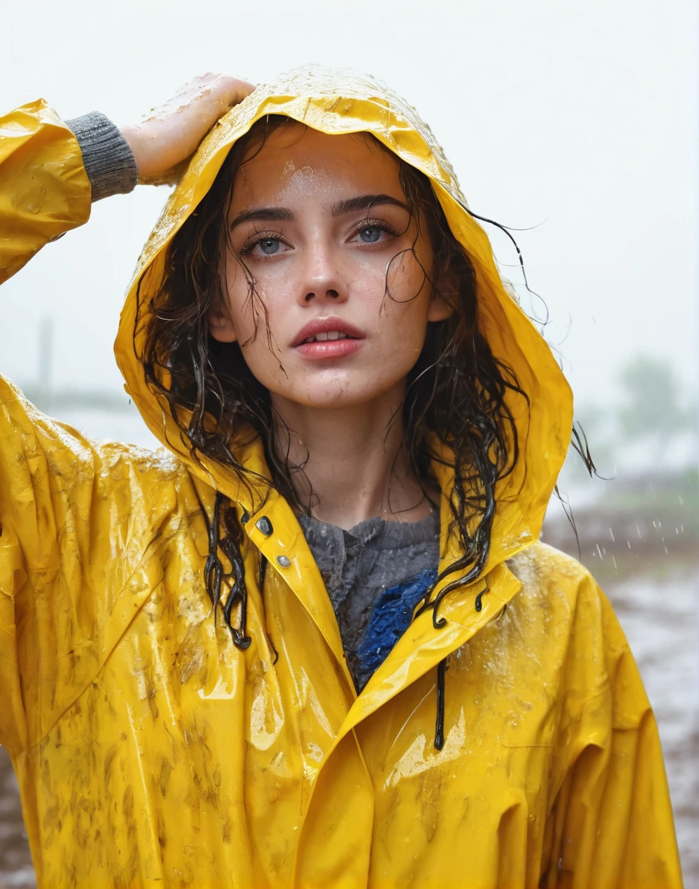 a young woman wearing a bright yellow shiny raincoat, ((((mud-stained and dirty raincoat)))), muddy clothes, beautiful detailed eyes, beautiful detailed lips, extremely detailed face, long eyelashes, outdoor rainy scene, puddles on the ground, intricate texture, photorealistic, 8k, high quality, masterpiece, professional, vivid colors, dramatic lighting
