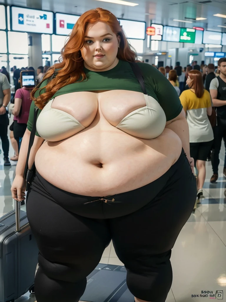 A plane passenger detailed photo of a Beautiful ginger SSBBW, with long wavy ginger hair, with big soft fat belly, thicc fat arms, thicc wide legs, big breast, in a cute green top tucked in her pants, and black pants, at airport waiting for the plane, with a suitcase next to her