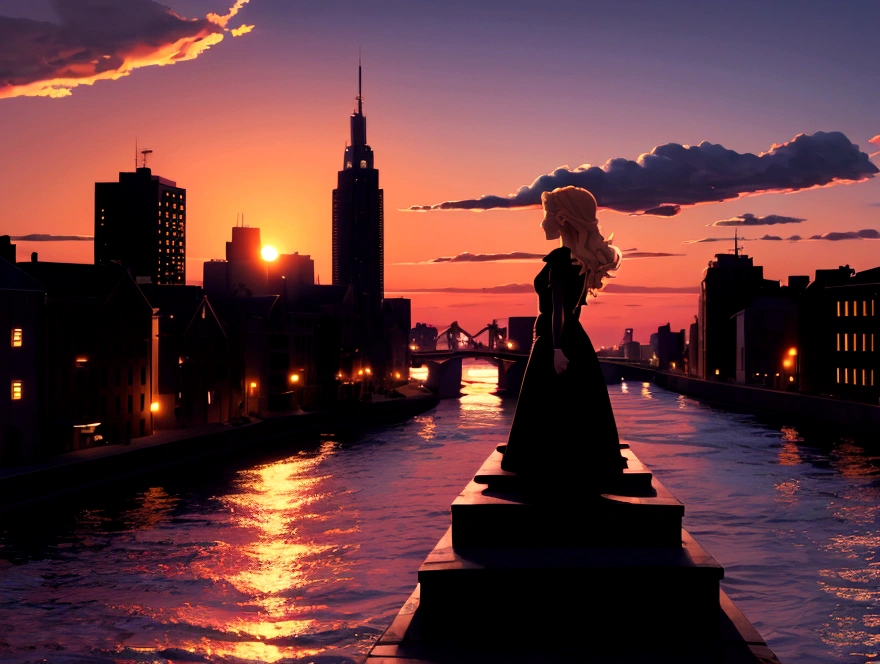 sunset,nightoctane, star (null), scenery, front of the body,star, night, one girl, blonde rear view, alone, outdoors, city,river,building, cloud, river, standing,silhouette