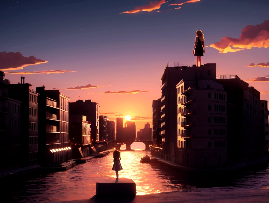 sunset,nightoctane, star (null), scenery, front of the body,star, night, one girl, blonde rear view, alone, outdoors, city,river,building, cloud, river, standing,silhouette