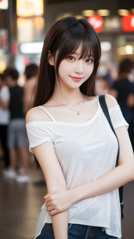 (masterpiece:1.2,Highest quality),Blur the background,1 female college student,((Cute casual clothes)),((Sculpture Pose)),((Beautiful Eyes)),Blushed,Healthy Skin,(smile),(Date in Shinjuku),8K resolution