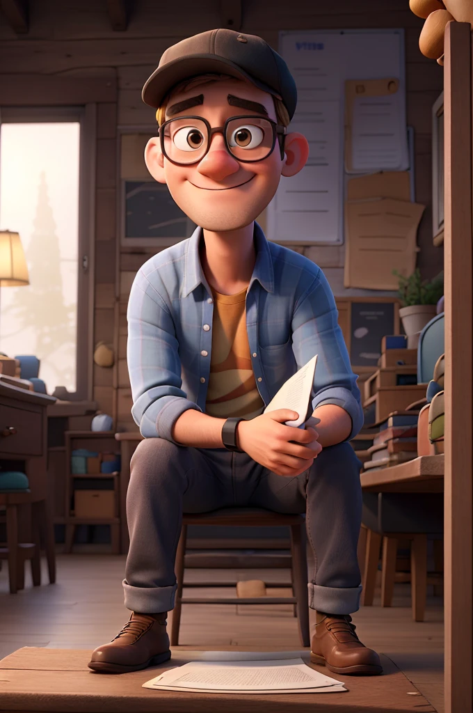a man with sunglasses and a cap sit on a chair holding a script in pixar style
