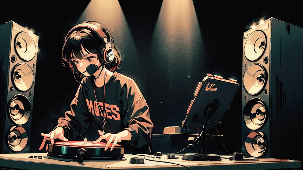 "DJ girl in hip-hop fashion wearing a cool headset,Front view , Two large LED-illuminated speakers on each side, Immerse yourself in a neon-lit environment, In front of her is a music mixer and a turntable.、A record is placed on the turntable,