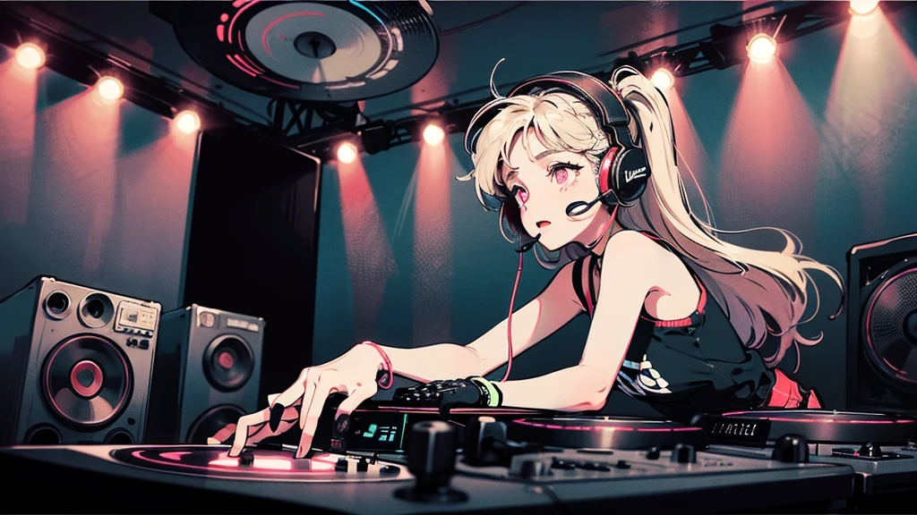 "DJ girl in hip-hop fashion wearing a cool headset,Front view , Two large LED-illuminated speakers on each side, Immerse yourself in a neon-lit environment, In front of her is a music mixer and a turntable.、A record is placed on the turntable,