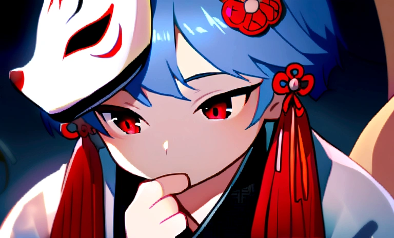 Fox Mask,Little Boy,The gesture of removing the mask,Blue Hair,Red eyes,Wearing a Japanese kimono.