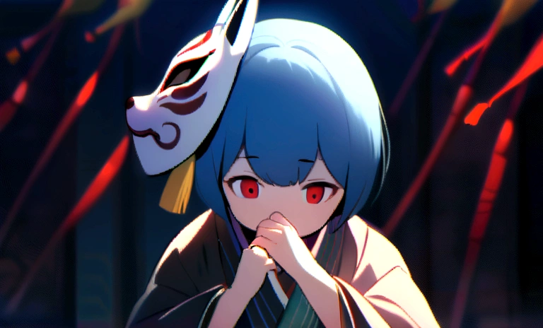 Fox Mask,,The gesture of removing the mask,Blue Hair,Red eyes,Wearing a Japanese kimono.