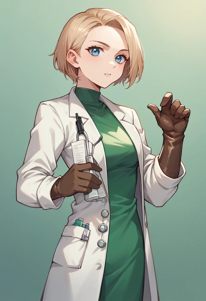 1girl, light hair, square haircut, blue eyes, ((brown gloves)), ((surgical gloves)), ((latex gloves)), ((green surgeon outfit)), looking at viewer, adjusting gloves, ((doctor)), ((long sleeves)), standing, solo