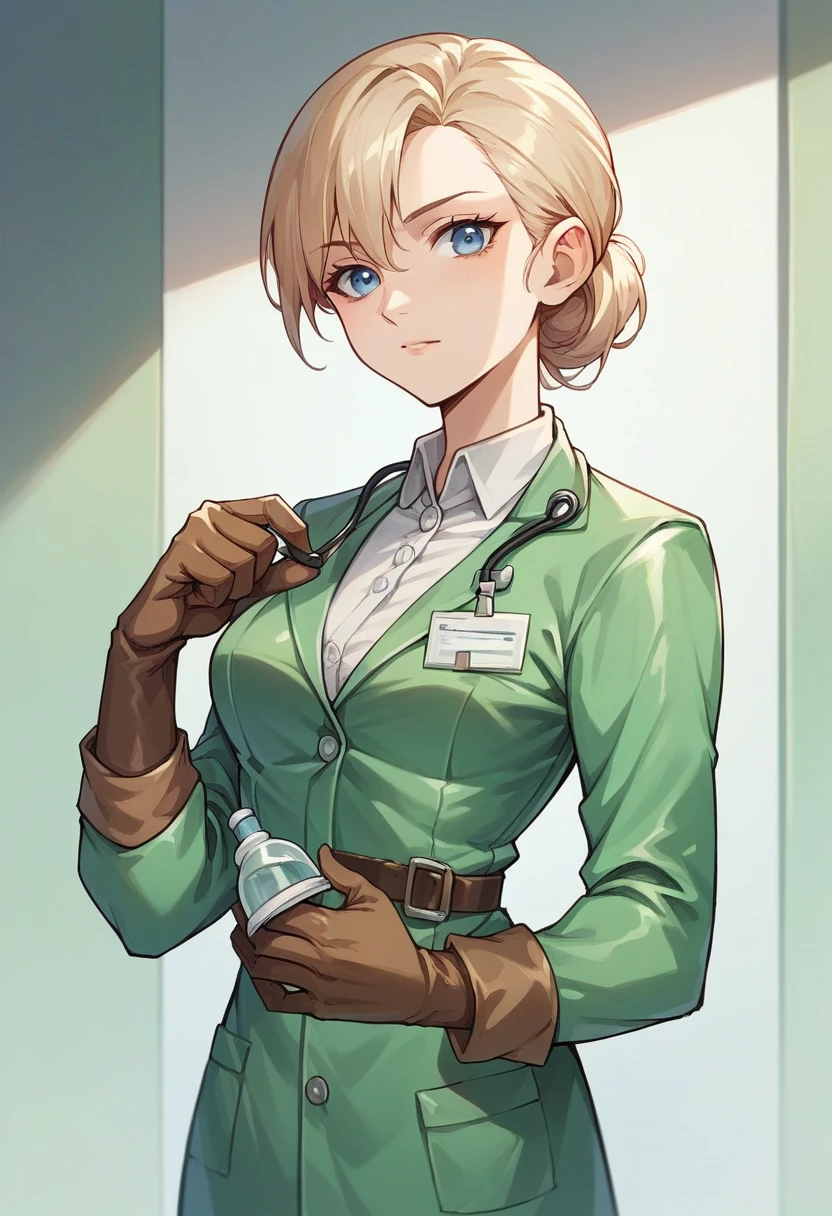 1girl, light hair, square haircut, blue eyes, ((brown gloves)), ((surgical gloves)), ((latex gloves)), ((green surgeon outfit)), looking at viewer, adjusting gloves, ((doctor)), ((long sleeves)), standing, solo