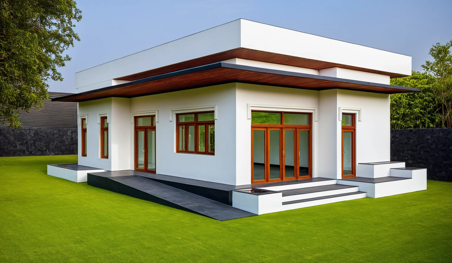 masterpiece, best quality, exterior design, single 1 storie modern house on the Vietnam village, flower garden, modern dark tiled granite and white walls facade, wooden ceiling, large glass, minimalist modern style, green shrubs and tropical tree background, natural light, clear sky morning background, large door and windows,