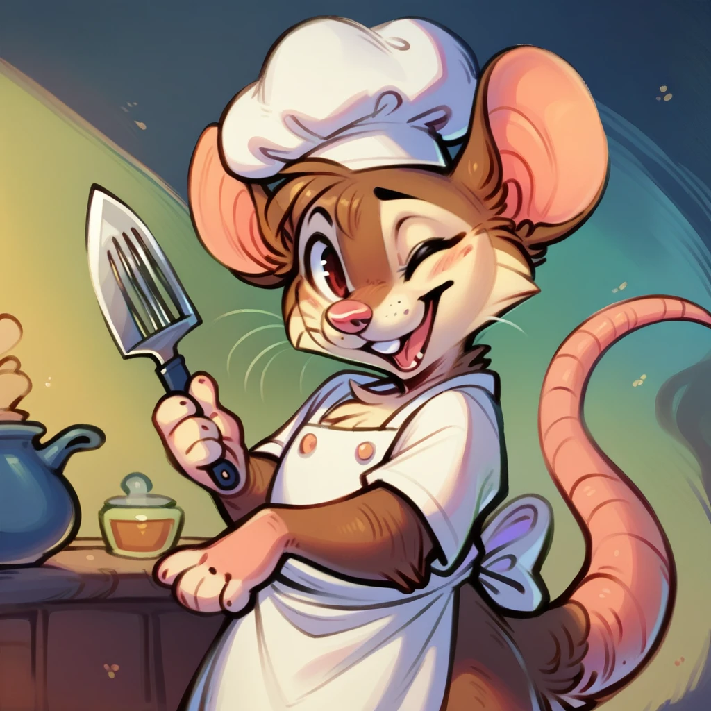 Mouse chef, semi-anthropomorphic, holding knife and fork, happy and laughing expression, detailed facial features, chef hat, apron, detailed clothing, complex textures, high quality, realistic, 8K, masterpiece, cinematic lighting, warm tones