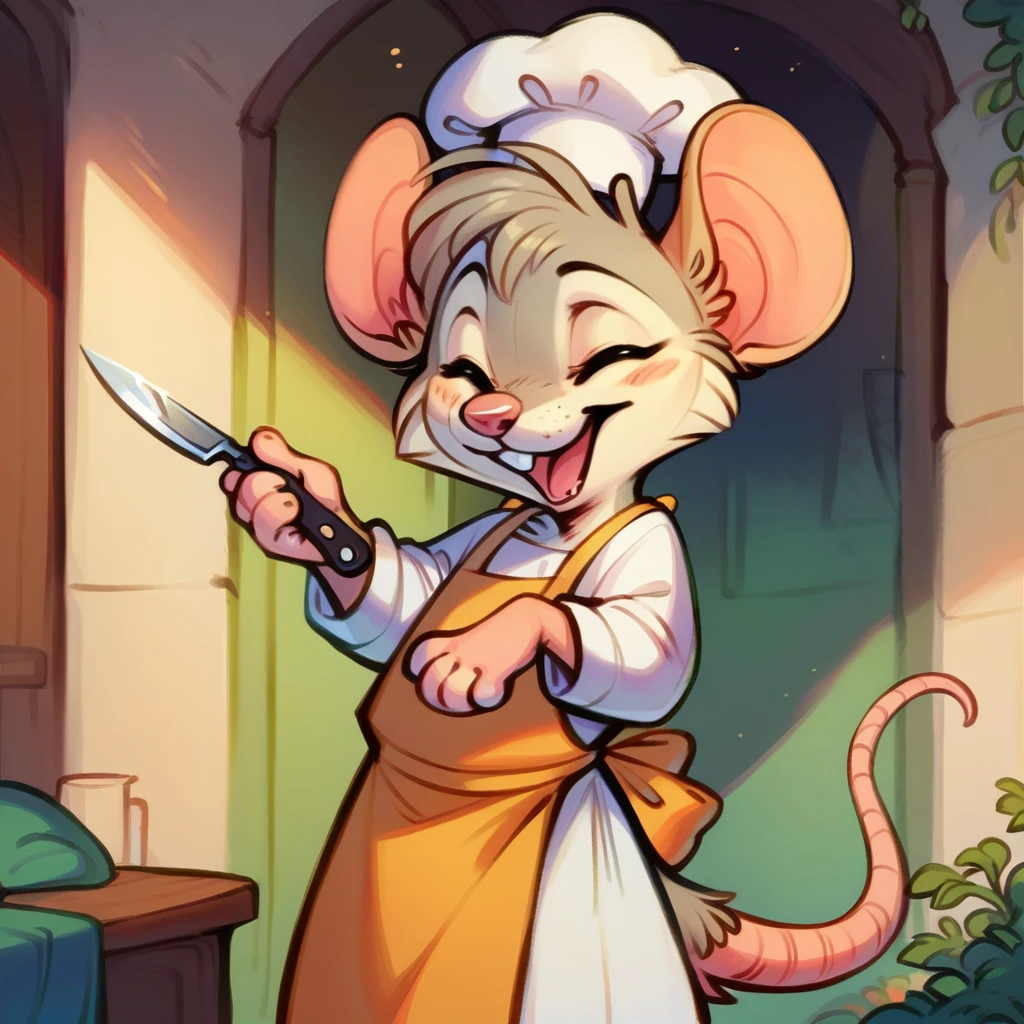 Mouse chef, semi-anthropomorphic, holding knife and fork, happy and laughing expression, detailed facial features, chef hat, apron, detailed clothing, complex textures, high quality, realistic, 8K, masterpiece, cinematic lighting, warm tones