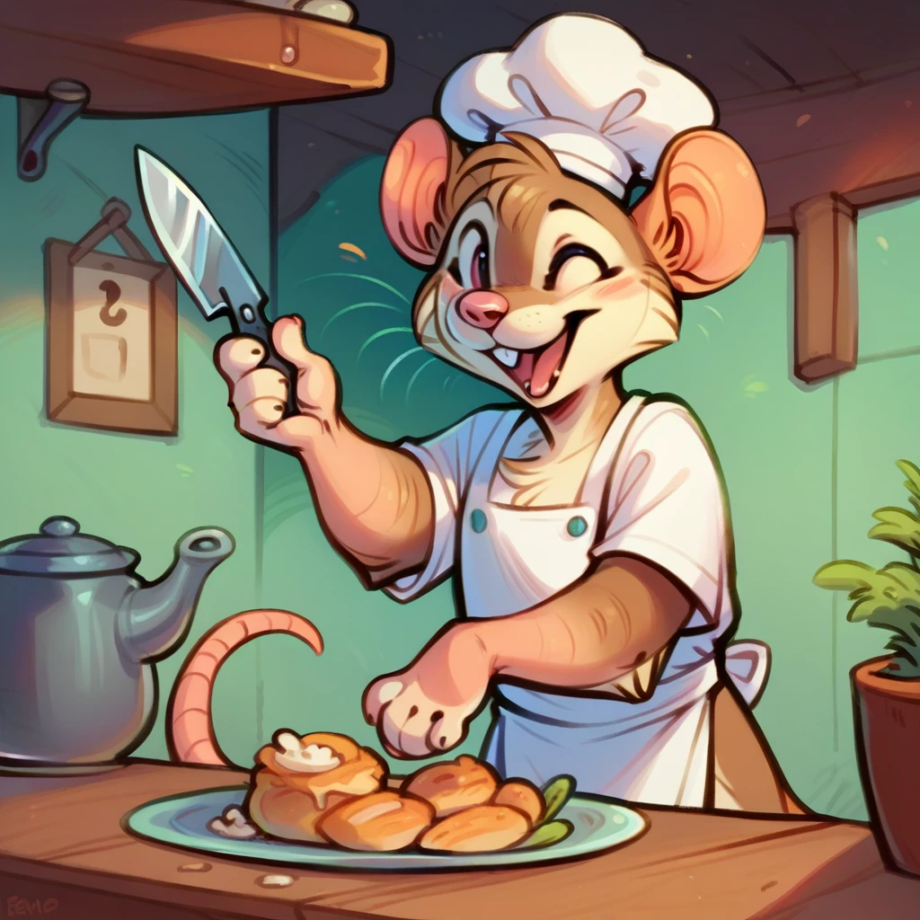 Mouse chef, semi-anthropomorphic, holding knife and fork, happy and laughing expression, detailed facial features, chef hat, apron, detailed clothing, complex textures, high quality, realistic, 8K, masterpiece, cinematic lighting, warm tones