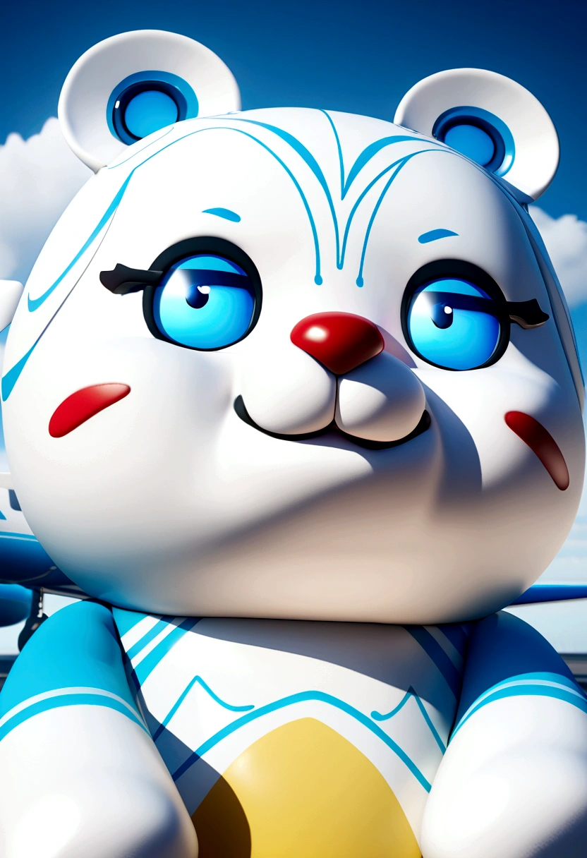 mascot of a blue and white plane with big blue eyes, a smiling face flying in the sky design, avatar image, inspired by 3d cartoon
