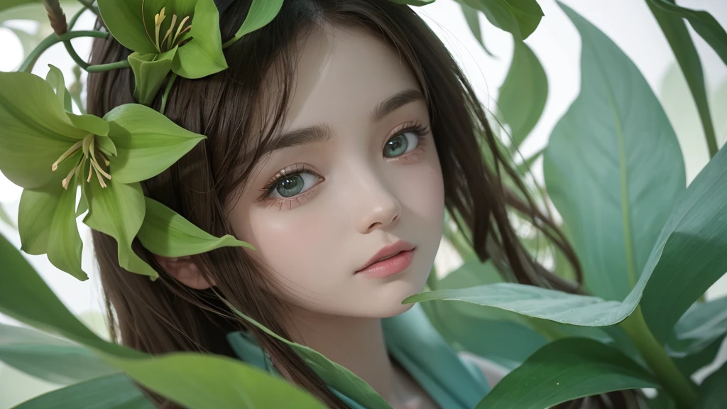 32k, Masterpiece, Highest quality, One girl, Brown Hair, Detailed eyes, flower,Amaryllis, Blue and green style,A dreamy, romantic piece,Pale green, Mysterious Leaves,A playful arrangement,Fantasy,High Contrast,Ink strokes,explosion,Exposure, Impression of blue and green tones,Abstract, Brush strokes,Negative Space, Tyndall effect, White background