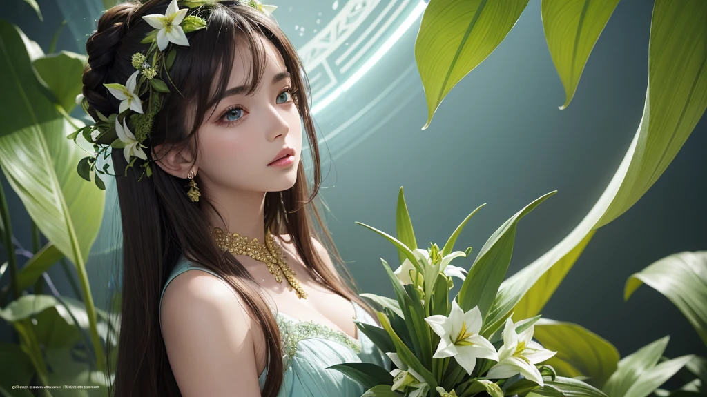 32k, Masterpiece, Highest quality, One girl, Brown Hair, Detailed eyes, flower,Amaryllis, Blue and green style,A dreamy, romantic piece,Pale green, Mysterious Leaves,A playful arrangement,Fantasy,High Contrast,Ink strokes,explosion,Exposure, Impression of blue and green tones,Abstract, Brush strokes,Negative Space, Tyndall effect, White background