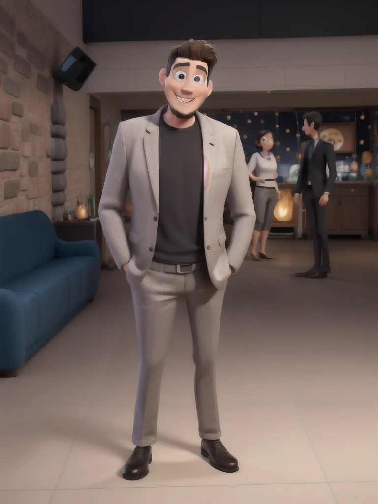 3d pixar style man, light brunette, goatee, dark brown hair, smiling, with microphone in hand, black pants, black shoes and gray blazer, with background at an event, on a very large stage