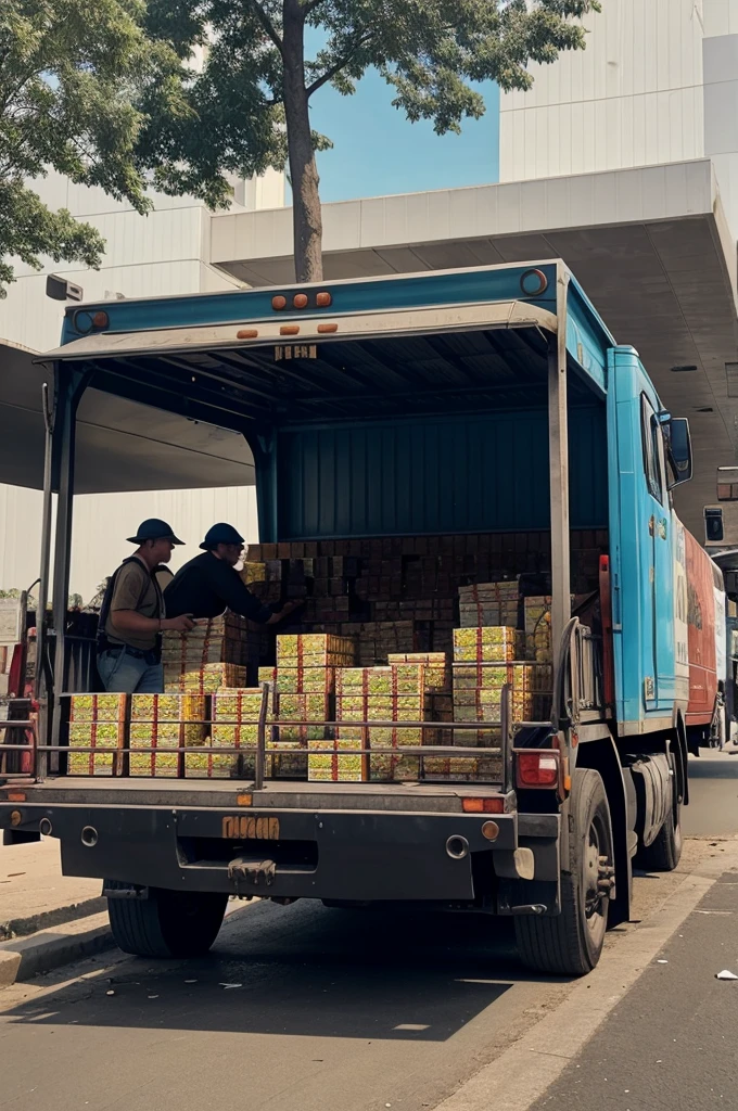 The long truck is full of money and people are looting it. On Public place
