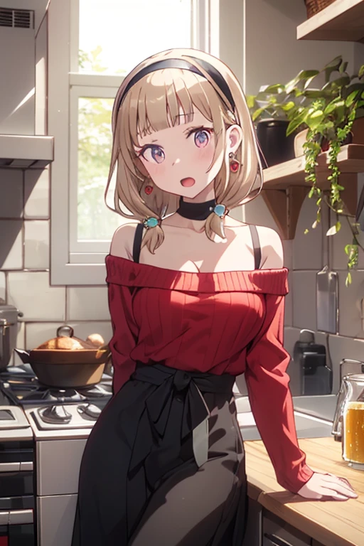 masterpiece, yor, 1girl, Bust A Cup, Amazing Cleavage:1.3, thin waist, big ass, Raised sexy, big breast: 1.2 posed cleavage:1.2、solo, looking at viewer, open mouth, have a cute grass of cute beergrass,black hair, red eyes, dress, bare shoulders, jewelry, collarbone, sidelocks, hairband, earrings, indoors, off shoulder, :o, sweater, arms behind back, plant, short hair with long locks, white hairband, off-shoulder dress, sweater dress, off-shoulder sweater, red sweater, big side hair, very long side hair,is rendered in (masterpiece: 1.2, best quality), with (ultra high resolution) and an exquisite (depth of field). This masterpiece is not only visually stunning but also tells,A scene of cooking in the kitchen