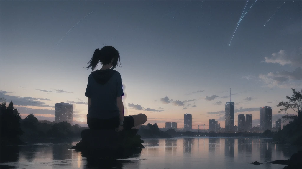 真っ暗なnight空,Octane, star (null), scenery, Blue parakeet,The acoustic guitar is in front of the body.,star, night, One Girl, Back view, alone, Outdoor, city,river,Blue parakeet,building, cloud, 天のriver, Sitting,silhouette